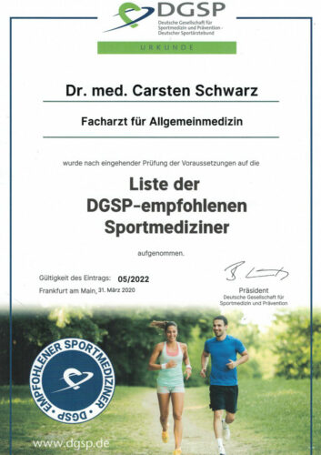 Praxis Dr Carsten Schwarz Berlin Zertifikat DGSP empfohlene Sportmediziner